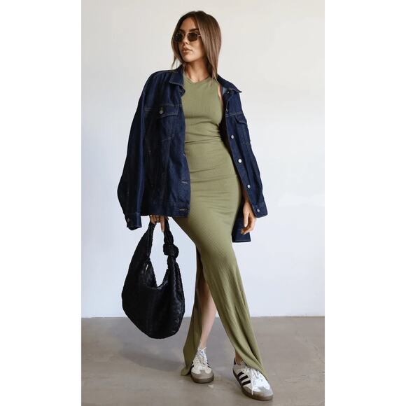 Indah Body Women's 1 Green Stretch Bodycon Ribbed Slits Jimmy Maxi Dress NWT - Picture 4 of 5